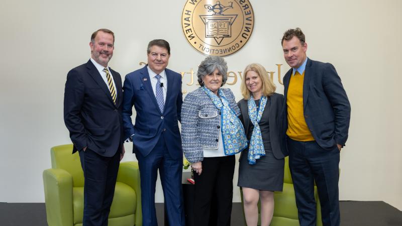 President Jens Frederiksen, Provost Nancy Savage, Marisa Martire, Frank Martire '77 MBA, and Dean Brian Kench